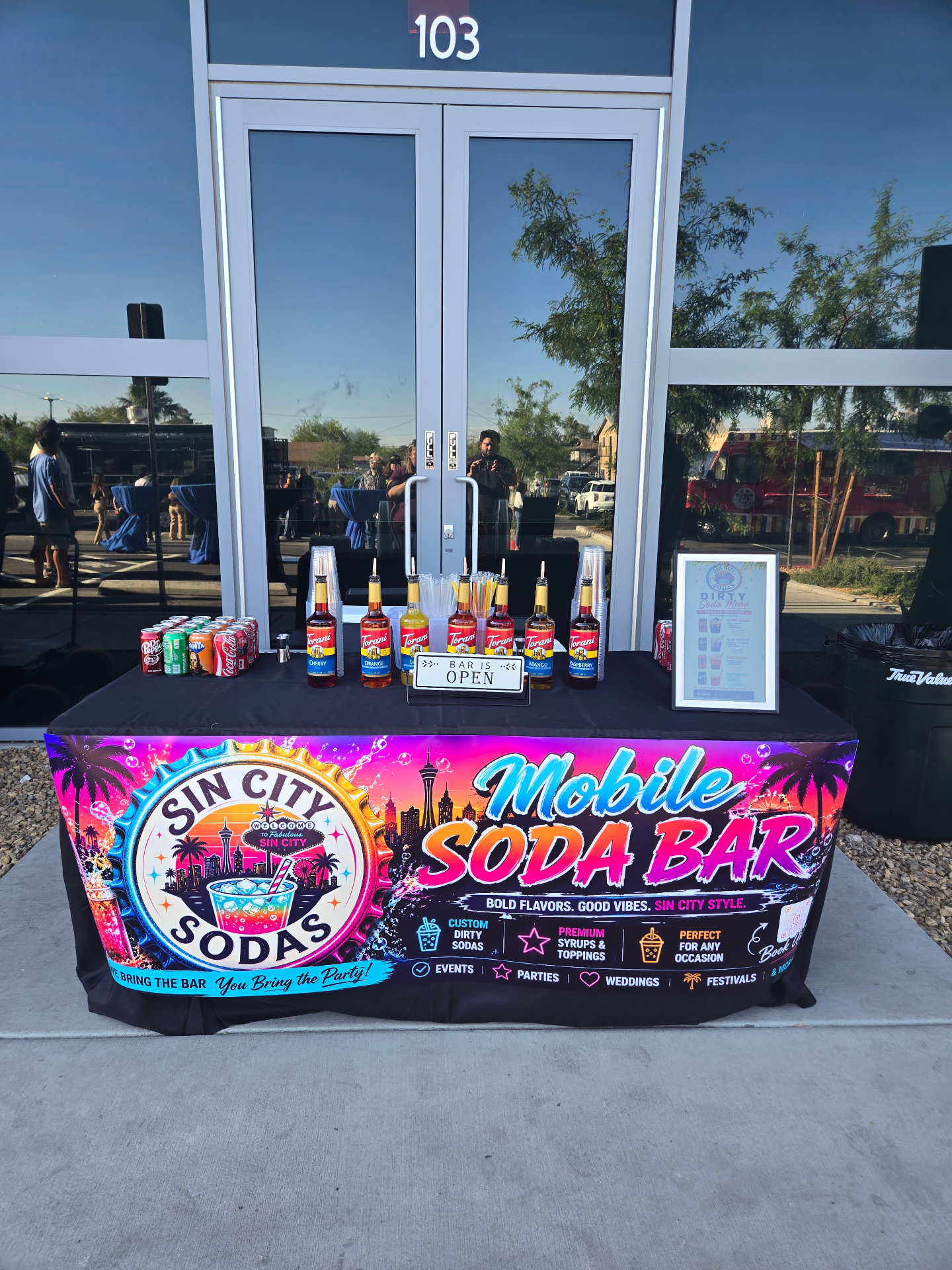 Dirty Soda Bar with customizable Torani syrups and creamer options