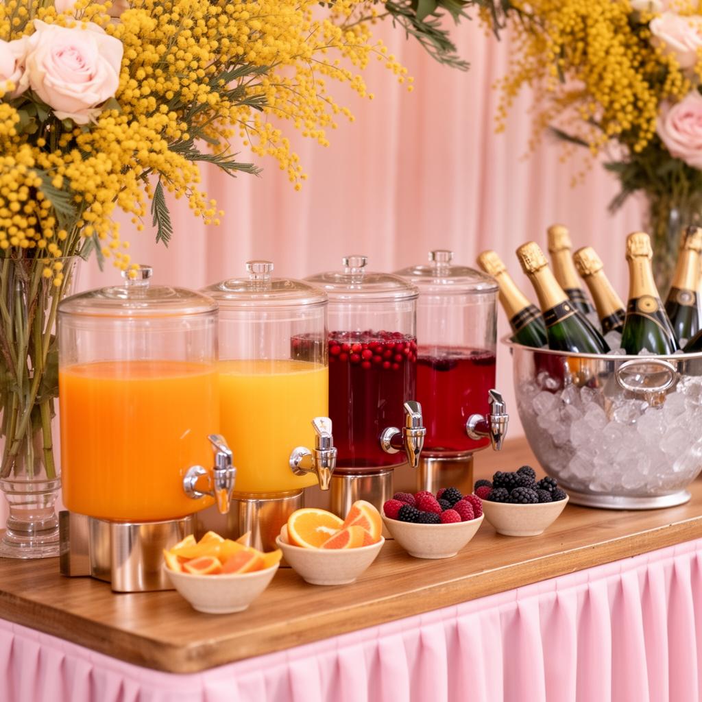 Elegant mimosa bar with champagne and fresh fruit